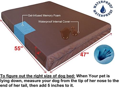 Dogbed4less Premium Orthopedic Memory Foam Pet Bed for Extra Large Dogs, Washable Durable Denim Cover, Waterproof Liner and Extra Case, Jumbo 55"X47"X4", Brown