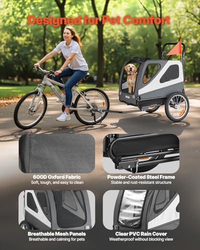 VEVOR Dog Bike Trailer, Supports up to 100 lbs, 2-in-1 Pet Stroller Cart Bicycle Carrier for Small & Large Dogs, Easy Folding Frame with Quick Release Wheel, Universal Bicycle Coupler, Internal Leash