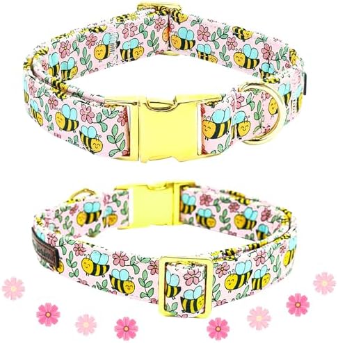 Dog Collar with Flower-Cute Bee Adjustable Pet Collar Soft Pink Flower Spring Cotton Puppy Collar Metal Buckle for Small Dogs