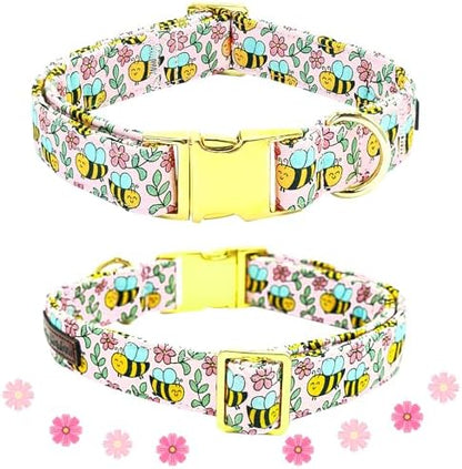 Dog Collar with Flower-Cute Bee Adjustable Pet Collar Soft Pink Flower Spring Cotton Puppy Collar Metal Buckle for X-Large Dogs
