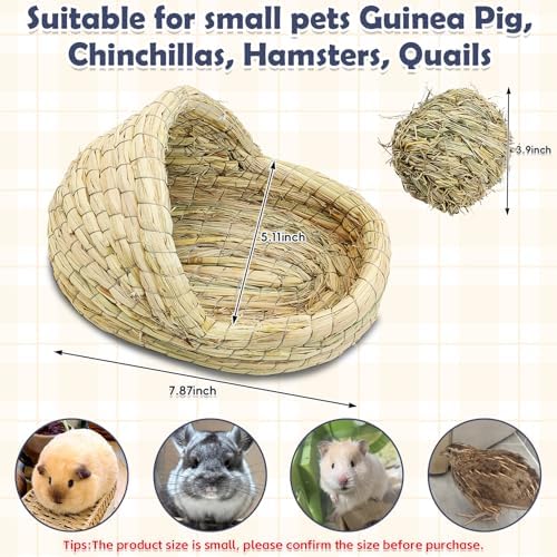 kathson Guinea Pig Grass House Guinea Pig Hideout Bunny Woven Hay Bed Hand Woven Natural Grass House for Hamster Bunny and Small Animals with Hay Chew Balls Toys(Small)