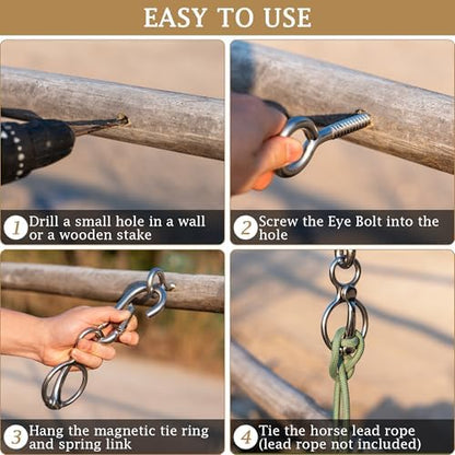 Horse Tie Ring (2 PCS) - Stainless Steel Tie Ring - Strong Magnets - Extra Large Carabiner Clip - Horse Tack and Supplies, Horse Training Equipment, Safe Horse Accessories