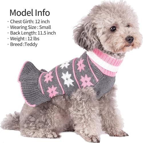 KYEESE Dog Sweater Warm Dogs Clothes Fall Winter Pet Coats Dog Sweater Dress with Classic Snowflake Pattern for Small Dogs Turtleneck Pullover Knit for Girl Pet Sweater with Leash Hole, Grey, Medium