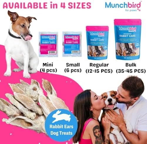 Munchbird Dehydrated Rabbit Ears for Dogs, Bulk, 35-45 Pieces, 10.5 oz, Natural Fiber