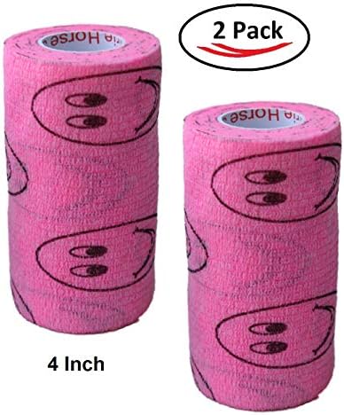 2 Pack Premium Vet Wrap - Self Adhesive Bandage Wrap & Athletic Tape - 4" x 5 Yards Elastic & Self-Sticking Cohesive Bandage for Pets, Sports, Wrists, & Ankles - Pink with Smiles by Prairie Horse