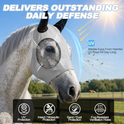 Horse Fly Mask with Ears - Ice Silk Cooling Fabric for Summer, Upgraded Anti-Fog & UV Blocking Ski-Grade Eye Mesh, Breathable Mosquito Insect Sun Mask for Horses