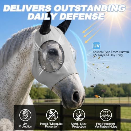 Horse Fly Mask with Ears - 2PCs Ice Silk Cooling Fabric for Summer, Upgraded Anti-Fog & UV Blocking Ski-Grade Eye Mesh, Breathable Mosquito Insect Sun Mask for Horses (2)