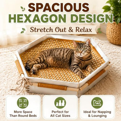 Cooling Cat Bed Handwoven Cat Basket with Removable Cooling Mat & Play Rope