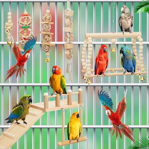 10 Pcs Bird Parrot Toys Set with Swing Platform Ladder Perches