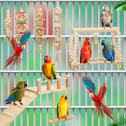 10 Pcs Bird Parrot Toys Set with Swing Platform Ladder Perches