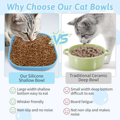 Fhiny 2PCS Silicone Cat Bowls Set 7.1 x 7.1 in Shallow Dog Dish Whisker Friendly Cat Food Plate for Dry & Wet Food Dishwasher Safe Non-Slip Pet Feeding Bowls for Kittens and Puppies (Blue)