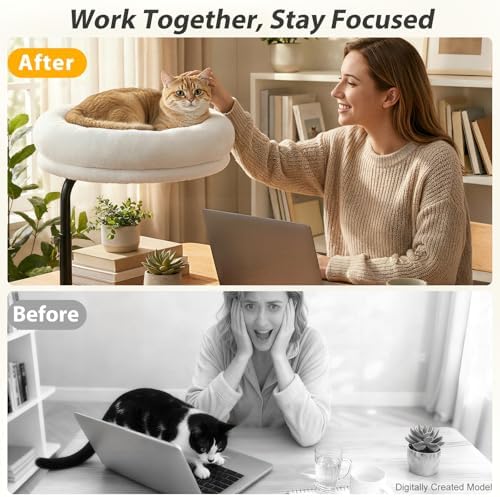 Sunhoo Cat Desk Bed 360° Rotating Height Adjustable Desktop Mount Hammock Kitten Perch Easy Setup Kitty Nest Table Clamp-on Attachment for Indoor Cats Washable 17" Diameter Hold Up to 40lbs（White）