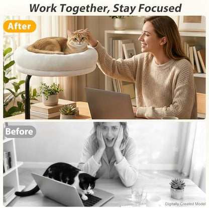 Sunhoo Cat Desk Bed 360° Rotating Height Adjustable Desktop Mount Hammock Kitten Perch Easy Setup Kitty Nest Table Clamp-on Attachment for Indoor Cats Washable 17" Diameter Hold Up to 40lbs（White）