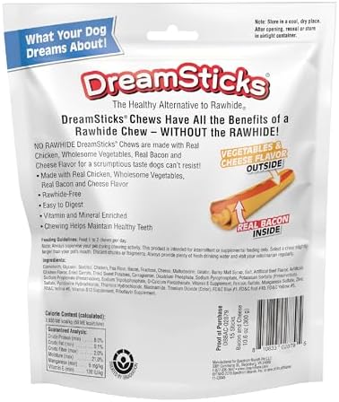 DreamBone DreamSticks with Real Bacon and Cheese Flavor, Rawhide Free Dog Chew Sticks, (Pack of 30)