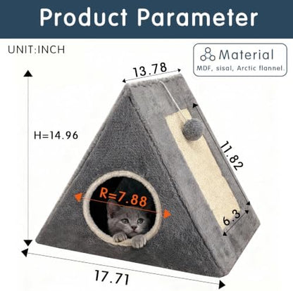 Cat Beds for Indoor - 2 in 1 Cat Cave House Tent for Kittens and Small Pets with Fluffy Ball Hanging and Scratch Pad,Foldable Kitten Hideaway with Non-Slip Bottom, Grey, 17 inches