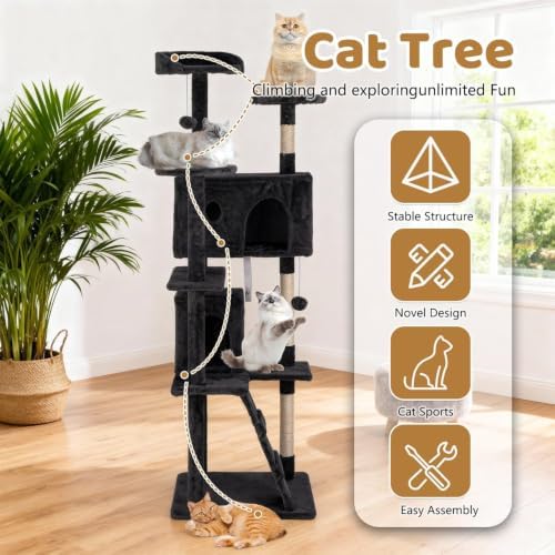 BestOffice 70" Cat Tree with Toy, Multi-Level Cat Tower Indoor Dark Gray