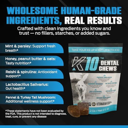 K10 Dental Chews for Dogs, Human-Grade Dog Dental Cleaning Chews, 10 Count