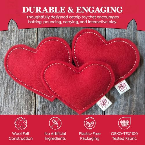 Catnip Toy – Heart Shape, Organic Catnip, 100% Wool Felt, Grown & Made in The USA - Red