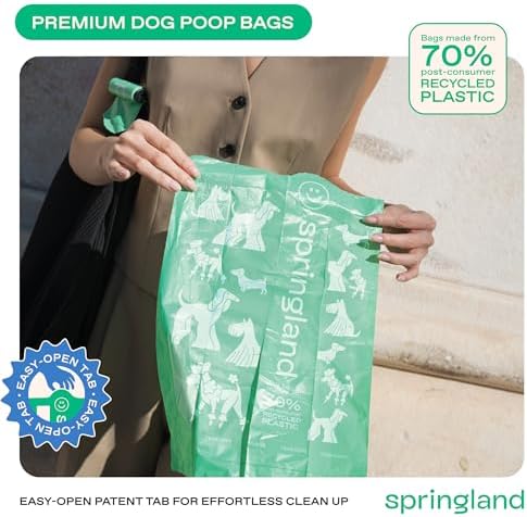 Springland by Springer Dog Poop Bag Dispenser Holder with Bags, No Dangle Design for Leash, Premium Thick Waste Bags with Easy to Open Tab, Unscented, 1 Dispenser and 15 Count