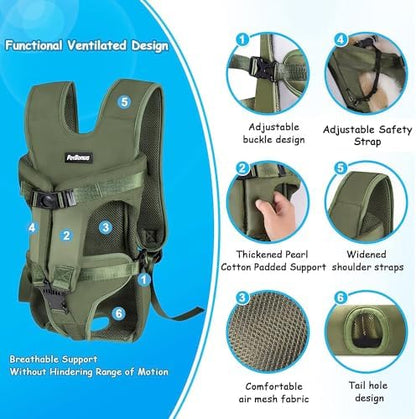 PetBonus Pet Front Dog Carrier Backpacks, Adjustable Pet Backpack, Legs Out Easy-fit Puppy Chest Carrier for Medium Small Dogs, Hands Free for Hiking, Cycling (Army Green, S)