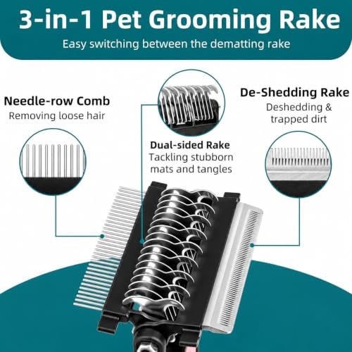 3-IN-1 Pet Grooming Tool - Undercoat Rake, Dematting Comb & Deshedding Brush for Cats, Dogs, Horses - Removes Mats, Tangles & Loose Fur, Reduces Shedding & Prevents Hair Mess (Pink)