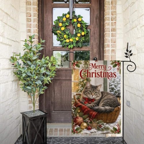 Merry Christmas Garden Flag 12x18 Inch Tabby Cat Wicker Basket Red Bow Holly Ornament Snowy Vintage Cottage Outdoor Yard Lawn Front Porch Welcome Double Sided Banner Decor