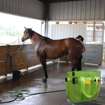 Mesh Horse Grooming Tote Bag Breathable Waterproof, 6 Pockets Horse Grooming Kit Tool Bags, Horse Cleaning Caddy Box for Cleaning Supplies, Pet Grooming Organizer for Horse Donkey, Green