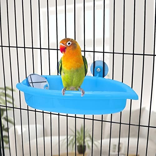 Wontee Bird Bath with Mirror for Small Birds Budgie Parakeet Cage, Blue (A)