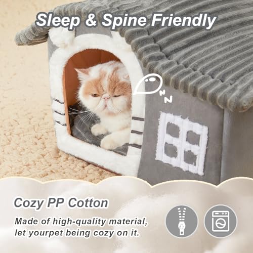 Jiupety Bear Cat Houses for Indoor Cats, Chimney Cute Cat Bed Cave, Enough Interior Space, Cartoon Soft Pet House Up to 3-10 lbs Kitten, Gray