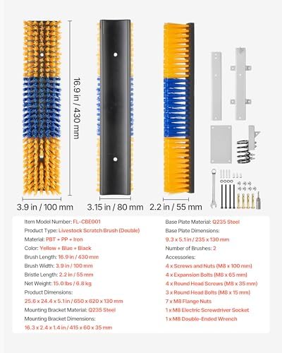 VEVOR 2 Way Livestock Scratching Brush, Dual Sided Goat Scratcher Brush with Mounting Bracket, 16.9" x 3.9" Cow Scratcher for Back Itch Relief, Massage Grooming Scratch Tool for Horse Cattle Sheep Pig