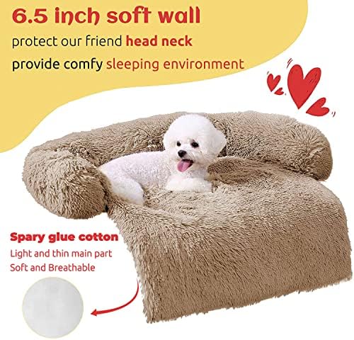 HACHIKITTY Calming Pet Sofa Bed Mat, Washable Fluffy Couch Cover for Dogs and Cats, Anti-Slip Bottom (37"x 33"x 6", Camel)
