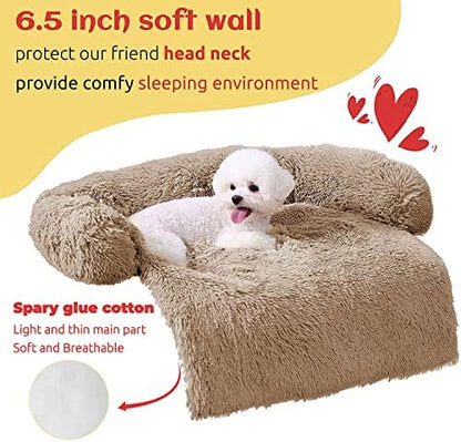 HACHIKITTY Calming Pet Sofa Bed Mat, Washable Fluffy Couch Cover for Dogs and Cats, Anti-Slip Bottom (37"x 33"x 6", Camel)