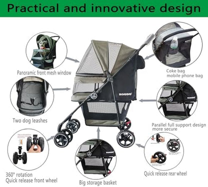 ROODO 4 Wheel Dog Cat Pet Stroller Best Lightweight Foldable Compact Portable Jogger All Terrain Travel Pet Gear Puppy Doggie Bunny Kitty Stroller for up to 30lbs Medium Small Dogs Cats(sage Green)