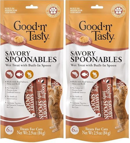 Good 'N' Tasty Savory Spoonables with Real Salmon, Tuna & Krill, 6 Count Tube, Triple Flavor Squeezable Lickable Wet Treats for Cats with Built-in Spoon for Less Mess (Pack of 2)