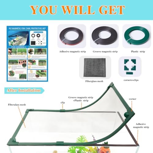 Magnetic Fish Tank Lid Green Frame Grey Fiberglass Mesh, DIY Fish Tank Cover Adjustable Size Fit Tank Size Max 35''X19'' for Preventing Fish from Jumping Out and Reptile Escaping