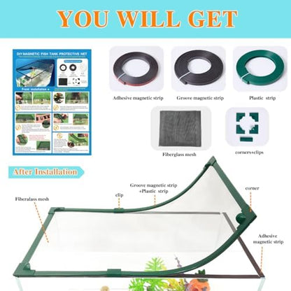 Magnetic Fish Tank Lid Green Frame Grey Fiberglass Mesh, DIY Fish Tank Cover Adjustable Size Fit Tank Size Max 35''X19'' for Preventing Fish from Jumping Out and Reptile Escaping