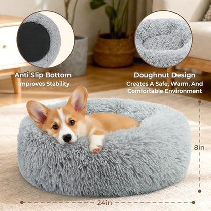 Calming Donut Dog Bed for Small Dogs, Anti-Anxiety Round Washable Plush Fluffy Faux Fur Large Cat Bed, 24 inches Fits up to 25 lbs Pets, Anti-Slip Waterproof Mute Base Gray