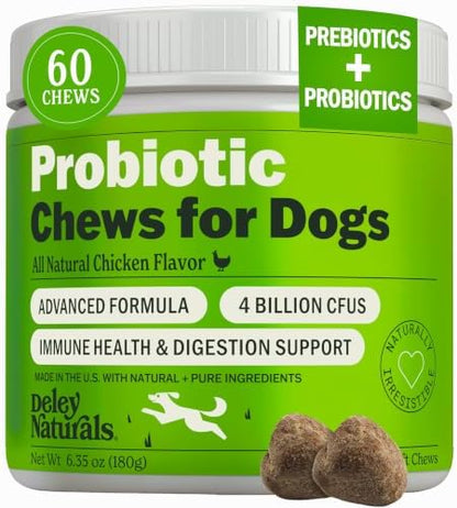 Deley Naturals Dog Probiotics Chews - 4 Billion CFU Dog Probiotics, Prebiotics, Enzymes for Digestion & Gut Health - Smaller Soft Chews, Lower Calories, Same Active Ingredients - USA Made - 60 Count