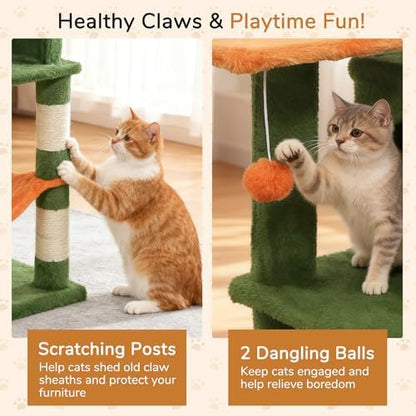 DORTALA Cat Tree for Indoor Cats, 44" Modern Cat Tower with Top Perch, Condo, Hammock, Sisal Scratching Posts, Dangling Balls, Platforms, Multi-level Pet Climbing Furniture Playground (Green & Orange)