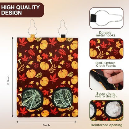 JarThenaAMCS 2 Pcs Fall Rabbit Hay Feeder Bag with 2 Holes 11.5 x 9 Inch Maple Leaves Pumpkin Guinea Pig Hanging Hay Feeding Bag Storage Dispenser for Autumn Hamster Bunny Small Animal Pet