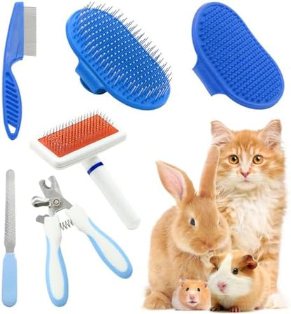Pet Grooming Kit with Slicker Brush Bath Massage Glove Brush Pet Shedding Comb Nail Clipper Trimmer 6 Piece Set for Rabbit Kitten Guinea Pig Cat Chinchilla Ferret Small Animals