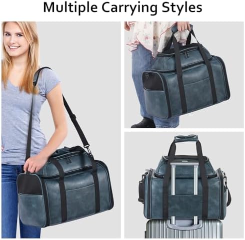 Premium Leather Top Expandable Pet Carrier for Small Dogs & Cats Under 15 lbs, Airline Approved Collapsible Soft-Sided Luxury Travel Bag Blue