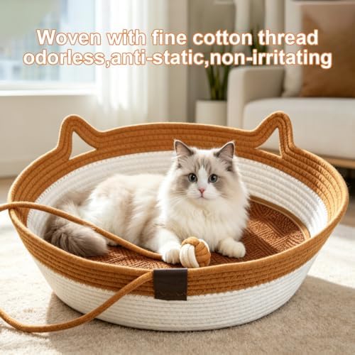 2-in-1 Cat Bed with Scratch Pad, Cotton Rope Woven, Round, Removable Breathable Cooling Pad, Odorless Anti-Statio