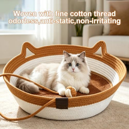 2-in-1 Cat Bed with Scratch Pad, Cotton Rope Woven, Round, Removable Breathable Cooling Pad, Odorless Anti-Statio