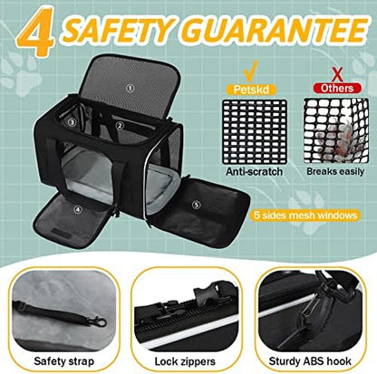 Petskd Small Pet Carrier 18" L x 13" W x 9.5" H Airline Approved, Black