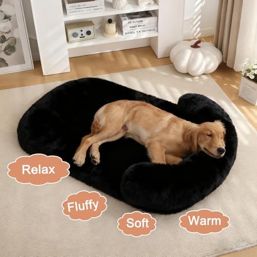 Orthopedic Dog Bed with Egg-Crate Base, Calming Dog Beds Fluffy Plush Faux Fur with Raised Edges, Spine Friendly Pet Sleeping Mat for Medium Large Dogs, Machine Washable (Oval, Black 32"x24")