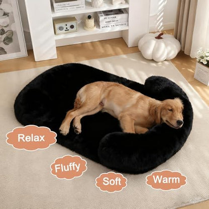 Orthopedic Dog Bed with Egg-Crate Base, Calming Dog Beds Fluffy Plush Faux Fur with Raised Edges, Spine Friendly Pet Sleeping Mat for Medium Large Dogs, Machine Washable (Oval, Black 32"x24")
