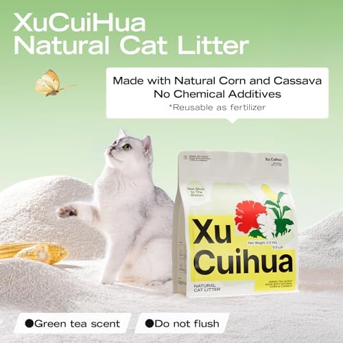 XuCuiHua Natural Cat Litter Green Tea Scent, Plant-Based, Strong Clumping Litter, Odor Control, Easy Scooping, Clumps Lift Cleanly, Low Dust, Corn & Cassava Litter, 16.5 LB (5.5 LB x 3 Bags)