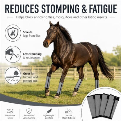 Fly Boots for Horses Set of 4 - Breathable Mesh Equine Leg Protection,Anti-Sag Stay-On Horse Fly Boots,Reduces Stomping & Fatigue,UV-Block, Adjustable Fit for Medium to Large Horses