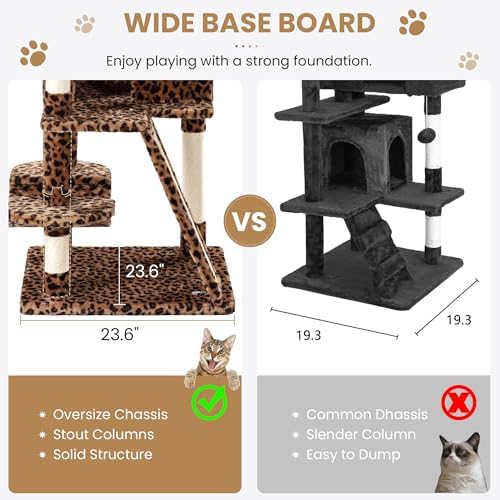 SHA CERLIN 65in Larger Cat Tree Tower Condo for Indoor Kitties/Multi-Level Furniture Activity Center with Wide Base/Cozy Plush Cat Perches/Baskets/Sisal Scratching Posts and Hammock/Leopard Print